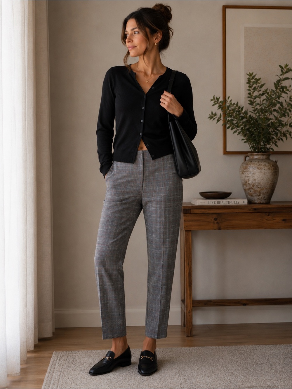Zara Classic Plaid Check cigarette Trouser grey white burnt orange size M